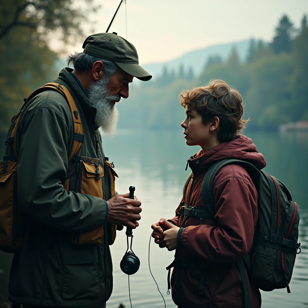An experienced angler is teaching the younger generation fishing techniques. Using mid shot photography to showcase the communication and learning process between two generations. Beautiful cinematic lighting, surreal, color graded, dynamic movement, captivating chiaroscuro, full body, award-winning, cinematic still, emotional, vignette, dynamic, vivid, (masterpiece, best quality, photorealistic, Professional, perfect composition, very aesthetic, absurdres, ultra-detailed, intricate details:1.3)