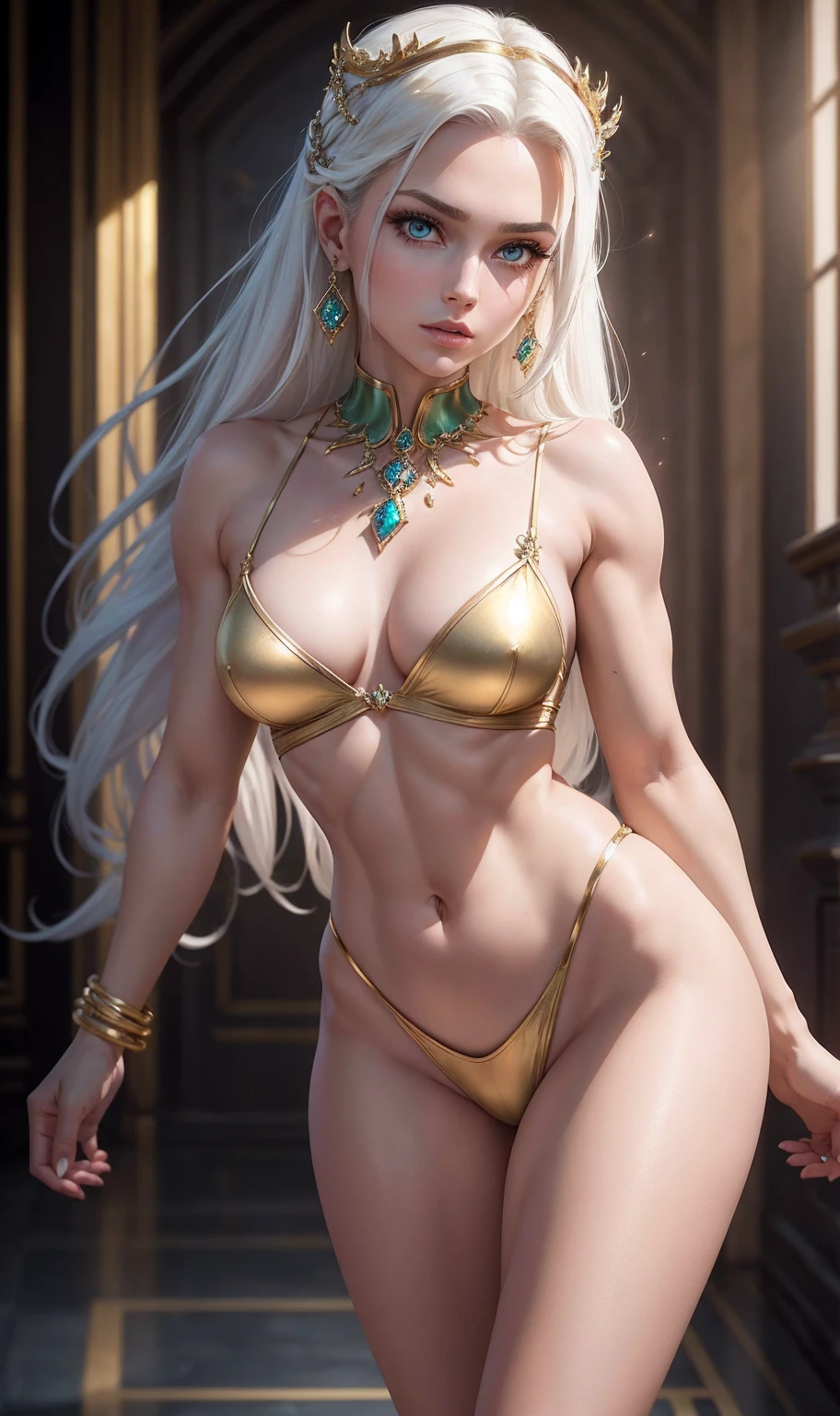 work of art, best qualityer, black Widow, ((multicolored hair, [White hair])))), ultra realista 8k CG, Rosto perfect, perfect, Glowing gold Eyes, to clean, work of art, professional art, Famous Art, cinematic lighting, Rosto perfect , beautiful  face, gorgeous eyes, (((perfect female body, narrow waisted, broad chest, broadshouldered, Slim Muscles, toned muscles))), gorgeous queen, real, Godlike, goddess, (real palace), fancy, dream like, irreal, sci-fi, (breasts small, breasts small, Flat Breast), delicate jewerly lingerie, Breasts Out, absurdly long hair, pretty long hair, (rico: 1.4), prestige, luxury, jewerly, Diamant, gold, Pearl, gem, sapphire, rubi, emerald, intricate-detail, delicate pattern, sexly, enchanting, appealing, appealing, erotic, enchanting, hair ornament, necklase, aretes, bracelet, bracelet, looking ahead at viewer, Unbeatable work of art, ultra realista 8k CG, Perfect artwork, Super detailed rendering, work of art, high qualiy, high resolution, Maniac for details, High definition, high qualiy, face detailed, Detailed body limbs, hair blonde, LONG BLOND HAIR