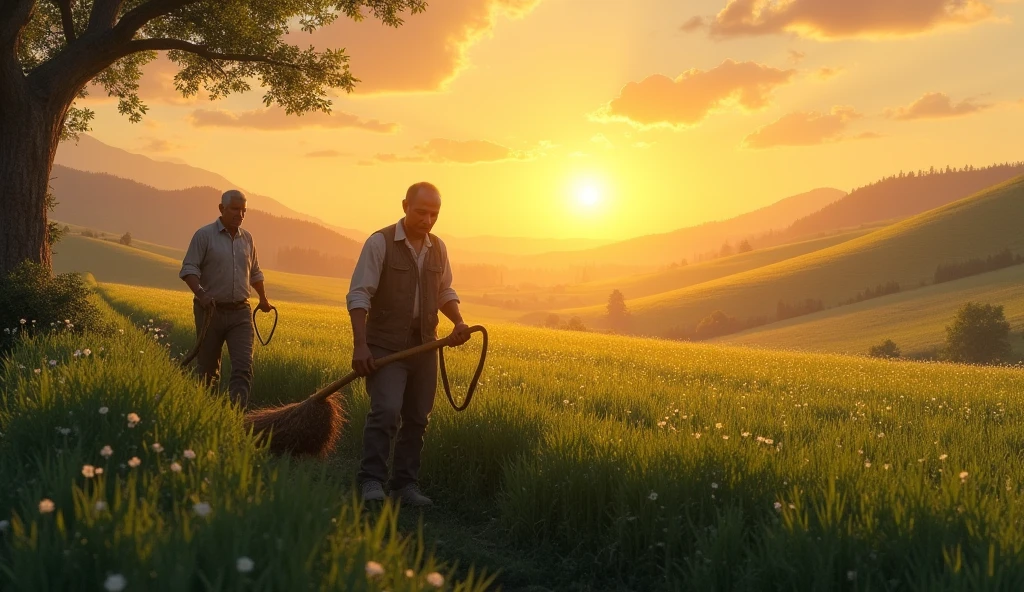 Farmers working in the fields at dawn, with a serene sunrise in the background.