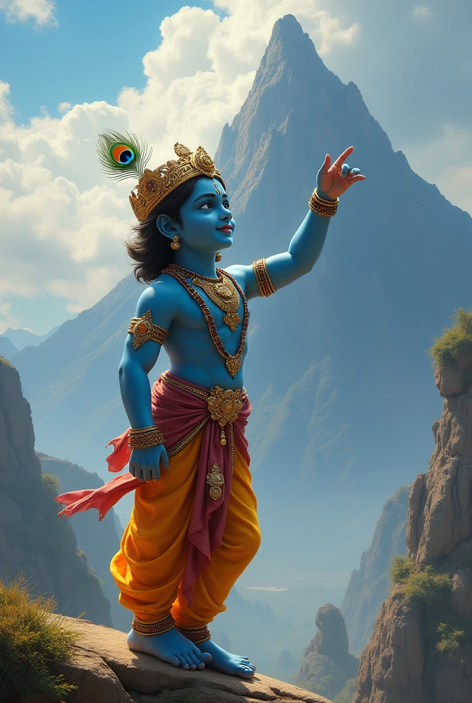 Lord Krishna holds the mountain on his little finger with smile and the have the crown that decorated with peacock feather