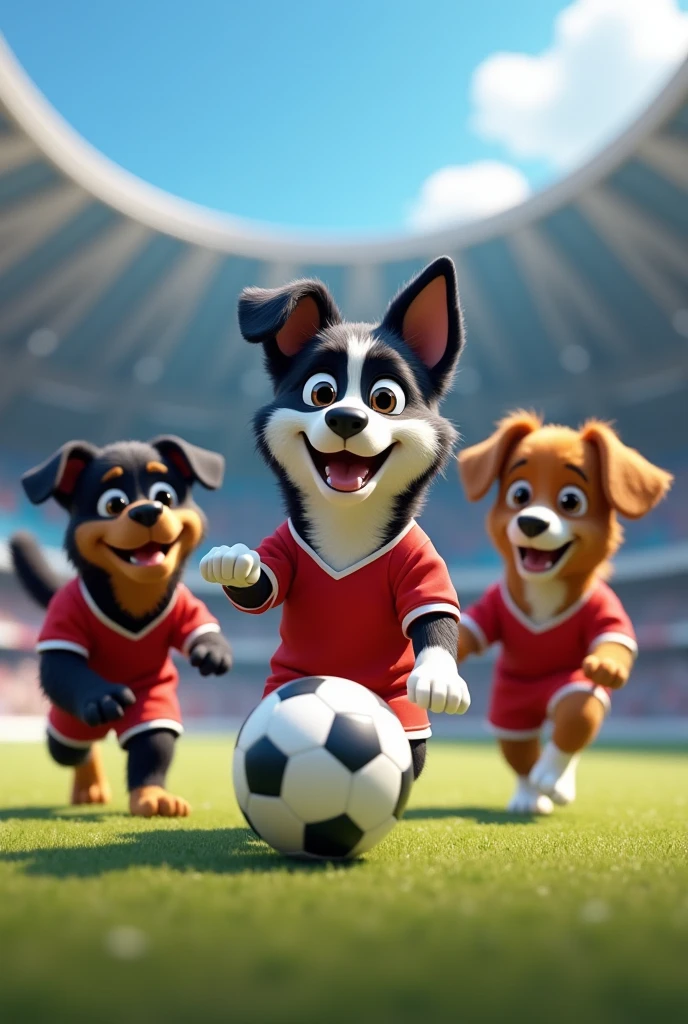 GENERATE THREE DOGS, ONE BLACK DOG WITH LIGHT BROWN CHIN AND THE SECOND DOG OF THE BREED Border Collie, BLACK WITH WHITE GRAY SPOTS WITH PINK NOSE AND THE THIRD DOG OF THE BREED Border Collie, ALL DARK BROWN AS IF HE WAS PLAYING FOOTBALL AS IT WAS IN THE 2024 PARIS OLYMPICS WITH PIXAR STYLE DESIGN