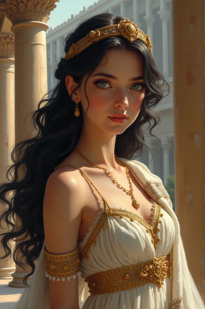 A blue-eyed, black-haired girl dressed as a princess from ancient Greece