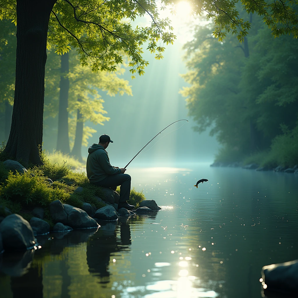 The angler sits in a peaceful natural environment surrounded by lush trees and clear river water. Capture the harmony between the environment and anglers using a wide-angle lens. Beautiful cinematic lighting, surreal, color graded, dynamic movement, captivating chiaroscuro, full body, award-winning, cinematic still, emotional, vignette, dynamic, vivid, (masterpiece, best quality, photorealistic, Professional, perfect composition, very aesthetic, absurdres, ultra-detailed, intricate details:1.3)