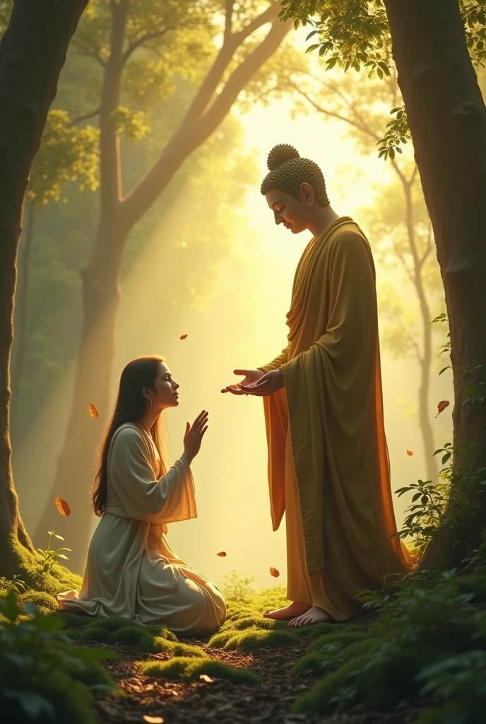 Create an image of crying human kneeling down to standing buddha. Buddha is giving blessing to human. This is forest scene with golden color serene morning scene. 