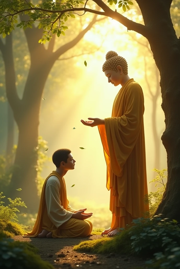 Create an image of crying human kneeling down to standing buddha. Buddha is giving blessing to human. This is forest scene with golden color serene morning scene.