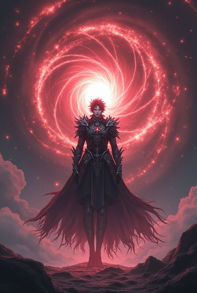 A male anime character with dark powers standing at the center of a spinning cosmic vortex. This being exudes an aura of invincibility, with a majestic and imposing presence that extends across multiple dimensions. Ialdabaoth is adorned in intricate, shimmering armor that reflects the stars, with ethereal, energy-like tentacles extending from its back. His eyes shine with a bright, otherworldly light, and the environment around him warps under his immense power. The background is a mesmerizing mix of deep space and ever-shifting dimensional rifts., showing its multidimensional nature, in a gloomy atmosphere full of fog, A red sky.