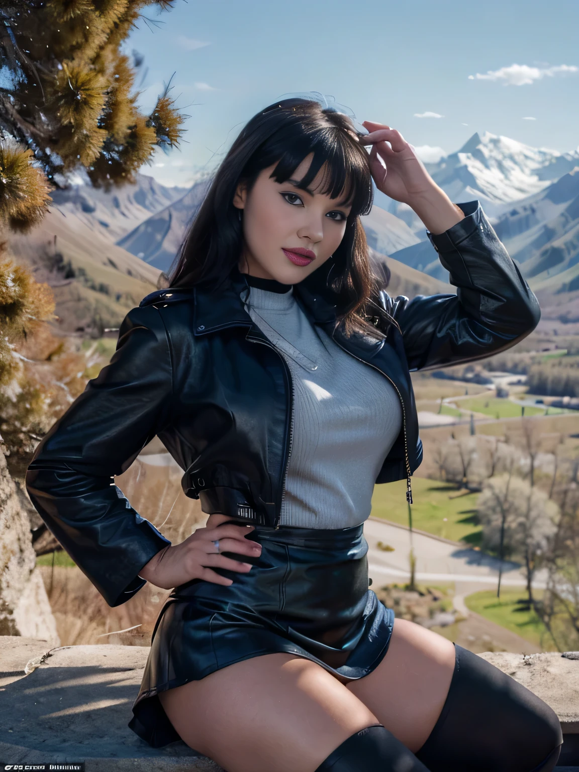 betty page looking girl with and blue eyes and black leather coat and a skirt on the endge of a montain and the photo is taken from up front