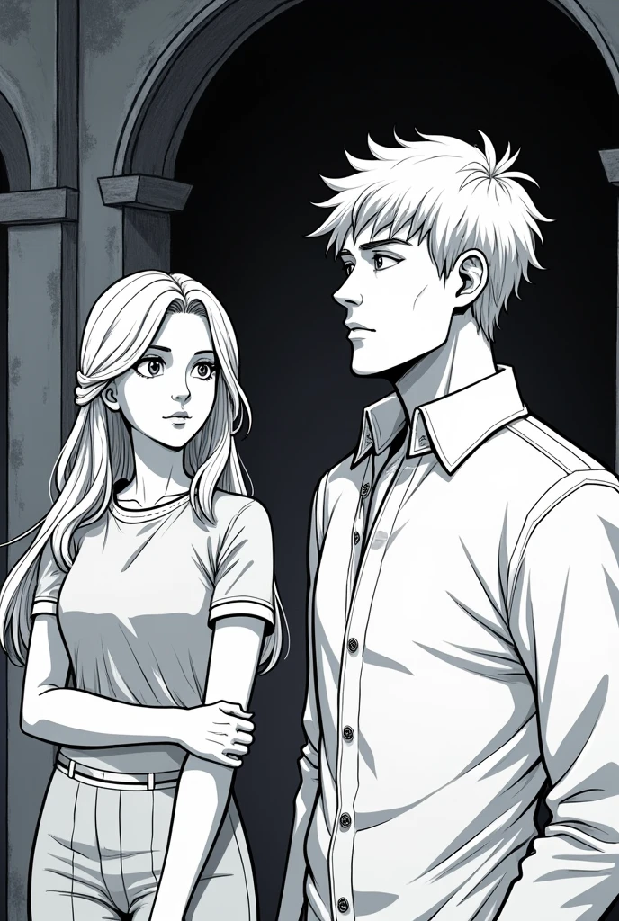 Create a lineart illustration Scenario: Susan Behan's Introduction: Jeremy may be explaining the situation of the brotherhood, mentioning Susan Behan's arrival, with an expression of seriousness after his previous more relaxed demeanor. Notwen may be shown with a thoughtful or slightly pleased expression, reflecting her approval.