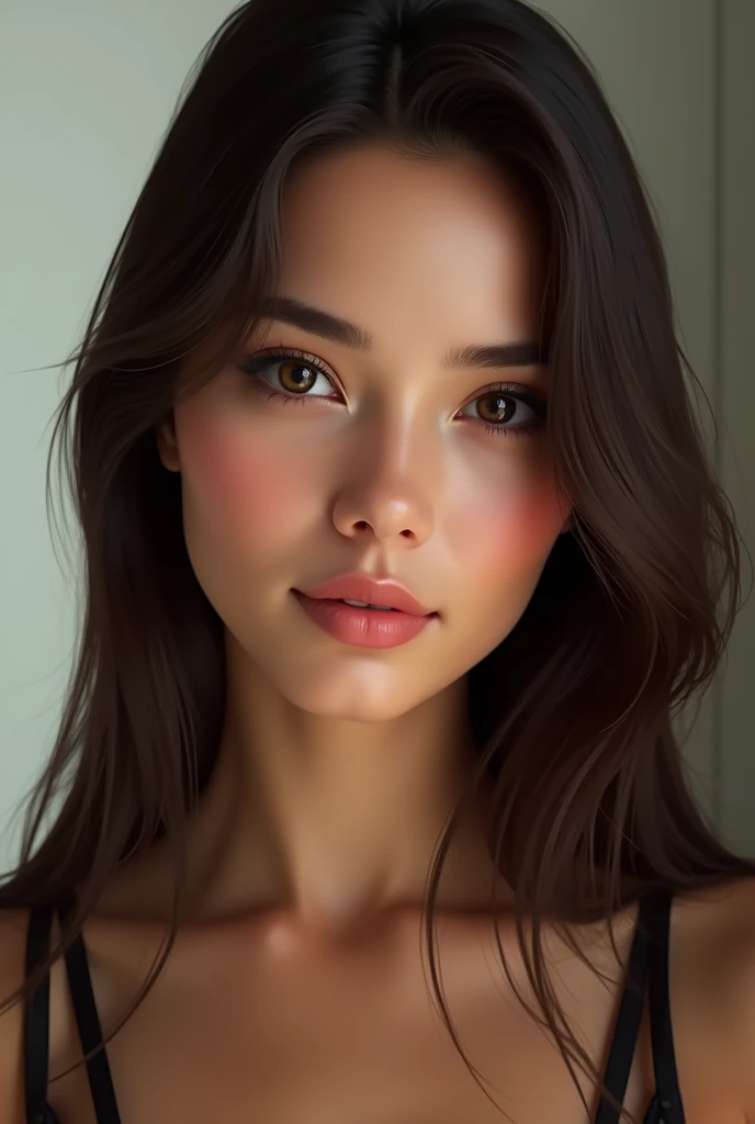 "Create a realistic image of a 20-year-old European woman with a youthful, attractive appearance. She should have a fair to light olive complexion with smooth, clear skin. Her facial features should include slightly fuller cheeks, high cheekbones, and a defined jawline. Her lips should be full, and her eyes should be bright and expressive, with dark brown or hazel irises and well-defined brows. Her hair should be long, dark brown, and sleek, styled in a way that complements her face. She should exude a confident and slightly seductive expression, with soft, flattering lighting that enhances her natural beauty."