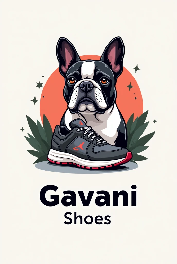 Logo of online sneaker store where you can see the face of a French bulldog With a sneaker next to it and the sign saying Gavani Shoes, the bulldog with the black face and the white trunk