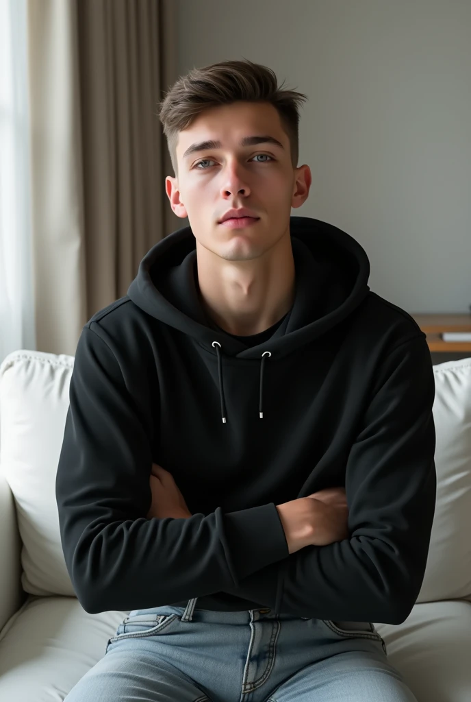 best qualityer:1.4), (ultra high resolution:1.2), (photorrealistic:1.4), (8k, CRU photo:1.2), a thin young man of 20 years old, skin fair, with a smooth, beardless face, short american haircut on the sides and top, is wearing a black cropped hooded sweatshirt. He's wearing a hood. He's wearing light jeans. He is sitting on the white sofa in a room. his arms are crossed.