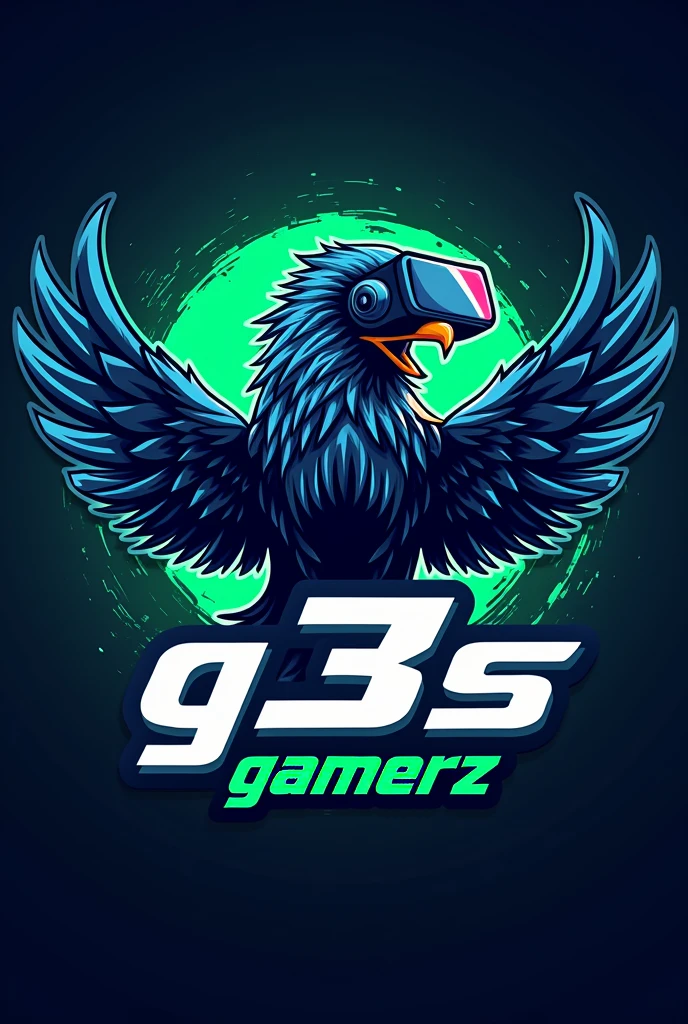 Design a dynamic esports emblem featuring a futuristic eagle wearing virtual reality goggles, set against a backdrop of electric blue and neon green, with the team name "J35 GAMERZ" prominently displayed below.
