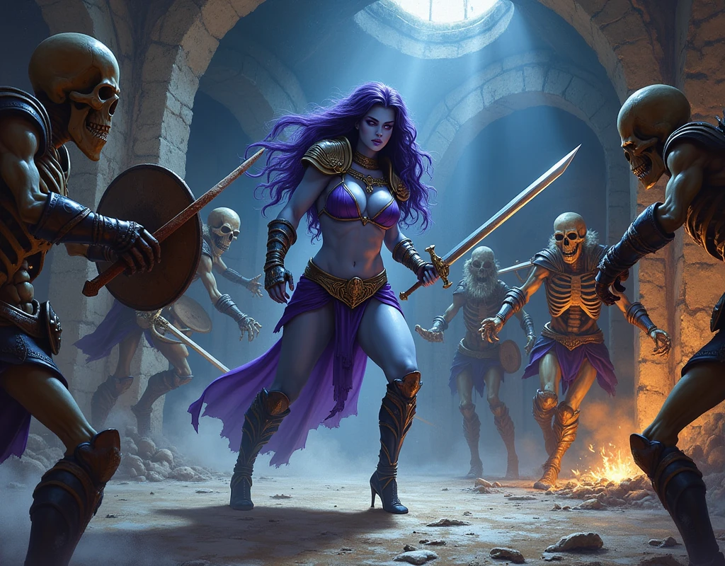 A beautifully detailed painting in the style of classic fantasy artists such as Frank Frazetta, Julie Bell, Boris Vallejo, and Brom. The image features Nimira, a curvy, dark fantasy female warrior with blue skin and long, voluminous dark purple hair. She wears purple bikini armor with an armored collar and shoulder pads, embellished with gold trim. Her lavender-colored eyes are narrowed in focus as she battles a group of skeleton warriors in an ancient tomb. The tomb is dimly lit by flickering torchlight, revealing crumbling stone walls covered in ancient carvings and cobwebs. Skeletons wield rusted swords and shields, their bones clattering as they advance on Nimira. She stands in a powerful stance, her sword mid-swing, shattering one of the skeletons into fragments. The scene is intense and action-packed, capturing the danger and determination of the battle.
