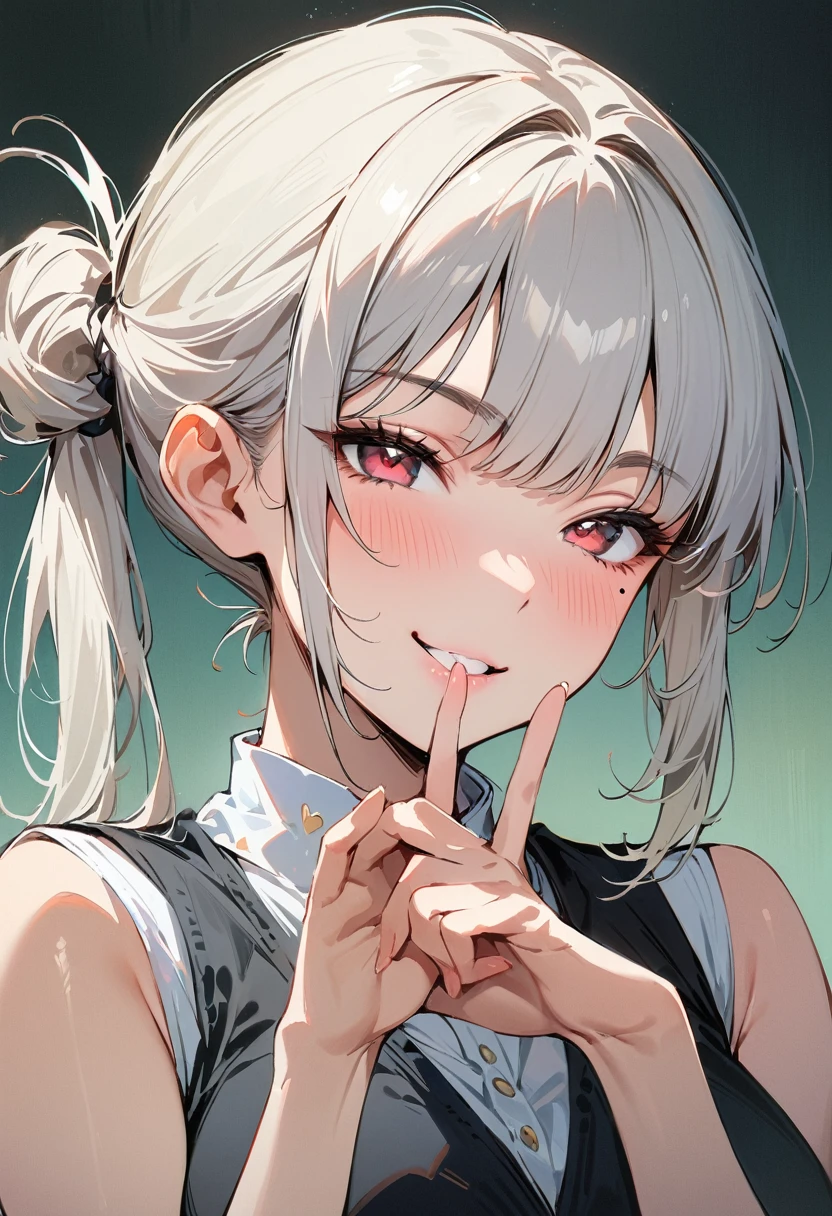 (masterpiece, best quality:1.4), 1 girl, 独奏, Heart-shaped pupils, Blurred eyes, Close your left eye, Smile, Profile,45° head tilt, Fox gesture, Right tear mole, (Double ponytail hairstyle:1.2),  large breasts, Mini Girls, Vest, Black and white gradient background.