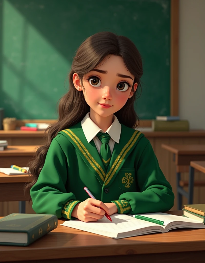 Developing cultural and intellectual skills, education according to the curricula prescribed for students ,  receiving information in the classroom, a close-up picture of a irish   student wearing a  green uniform  sitting on a school desk, performing school assignments