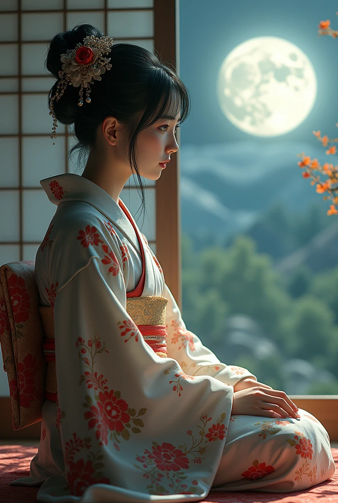 A beautiful girl like a Japanese doll、Wear a kimono and sit in a Japanese-style room、night、Looking at the moon、