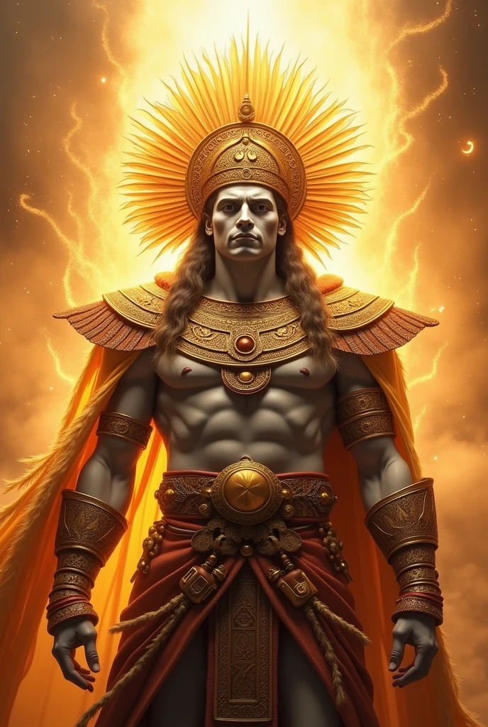 A man of 2,30 tall, he is white, he has a serious face, he has Inca clothes and an Inca crown, his face is painted white and he is very strong, he has light around him, he is the God of the Sun.