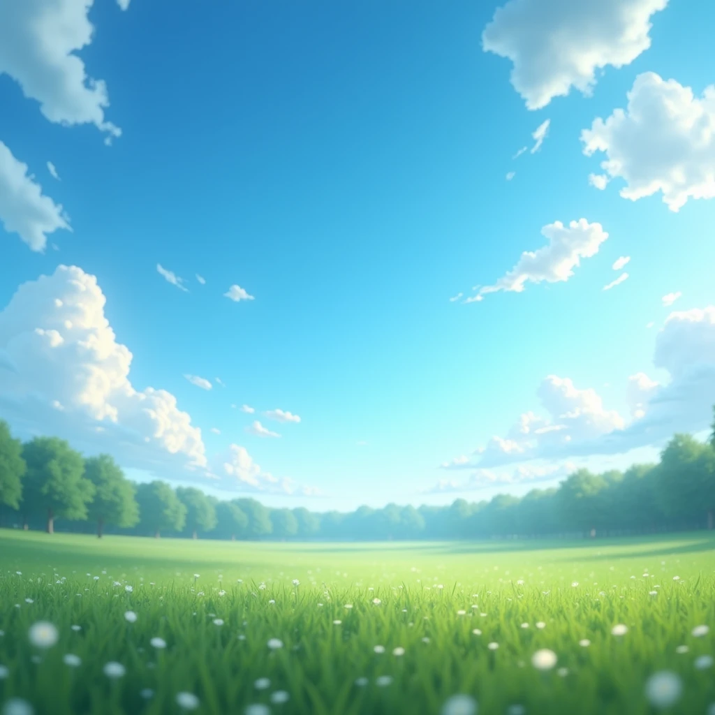 Skybox Creation Prompt: "Create a high-definition skybox texture that captures a clear blue sky filled with fluffy, scattered white clouds. The clouds should have a slight glow effect, simulating sunlight, to convey a sense of tranquility and luminosity. The texture should be designed to be applied to a cube, providing a realistic three-dimensional environment when viewed from different angles. Incorporate elements of a vibrant green field close-up in the foreground, with a background that features the depicted sky. .The result should be a 3D virtual landscape painting, ideal for use in games like PS5. The texture should be equirectangular, allowing a 360-degree view, and should be provided in uncompressed PNG format. that resemble a forest in the background, creating a harmonious fusion between the sky and the countryside."