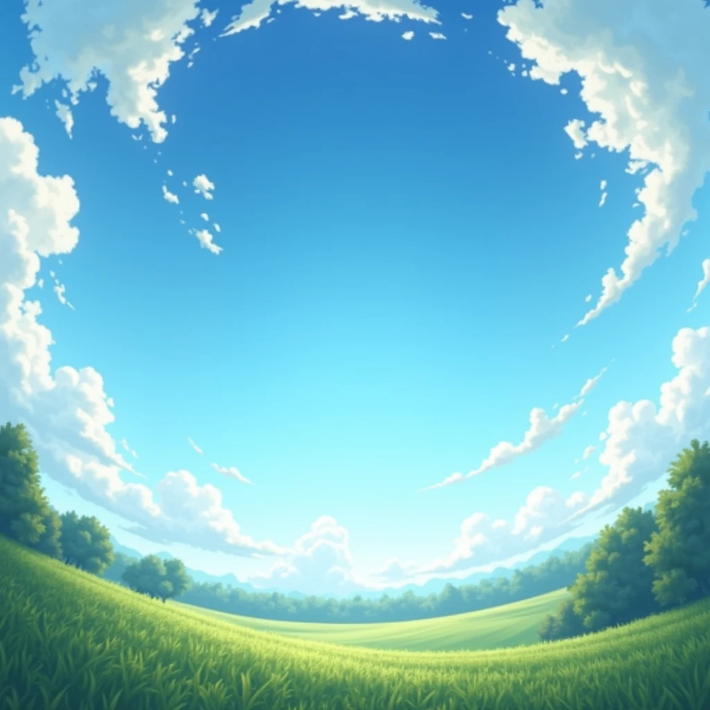 Skybox Creation Prompt: "Create a high-definition skybox texture that captures a clear blue sky filled with fluffy, scattered white clouds. The clouds should have a slight glow effect, simulating sunlight, to convey a sense of tranquility and luminosity. The texture should be designed to be applied to a cube, providing a realistic three-dimensional environment when viewed from different angles. Incorporate elements of a vibrant green field close-up in the foreground, with a background that features the depicted sky. .The result should be a 3D virtual landscape painting, ideal for use in games like PS5. The texture should be equirectangular, allowing a 360-degree view, and should be provided in uncompressed PNG format. that resemble a forest in the background, creating a harmonious fusion between the sky and the countryside."