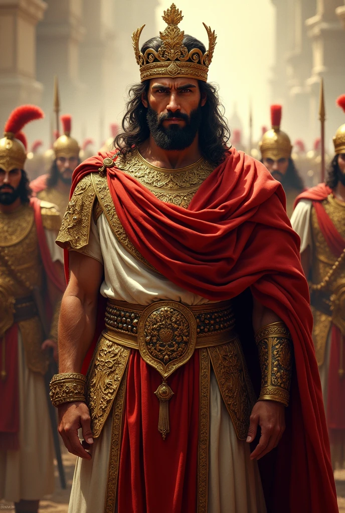 draw the Persian Cyrus the Great with golden crown, standing strong with glorious clothing looking at camera, with the Persian army behind him.