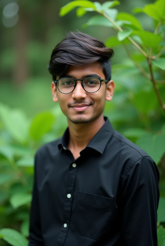 A photo of a 21-year-old professional wearing a black shirt standing in a natural green background and 8k resolution Indian face with round spectacle
