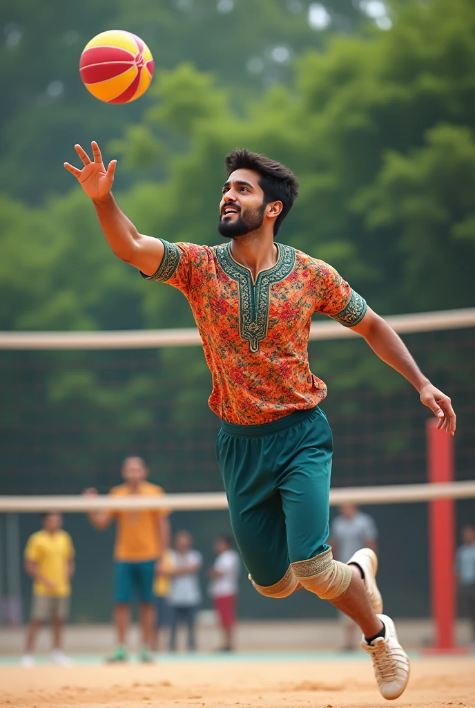 A beautiful young man play vollybaal wear pakistani shirt