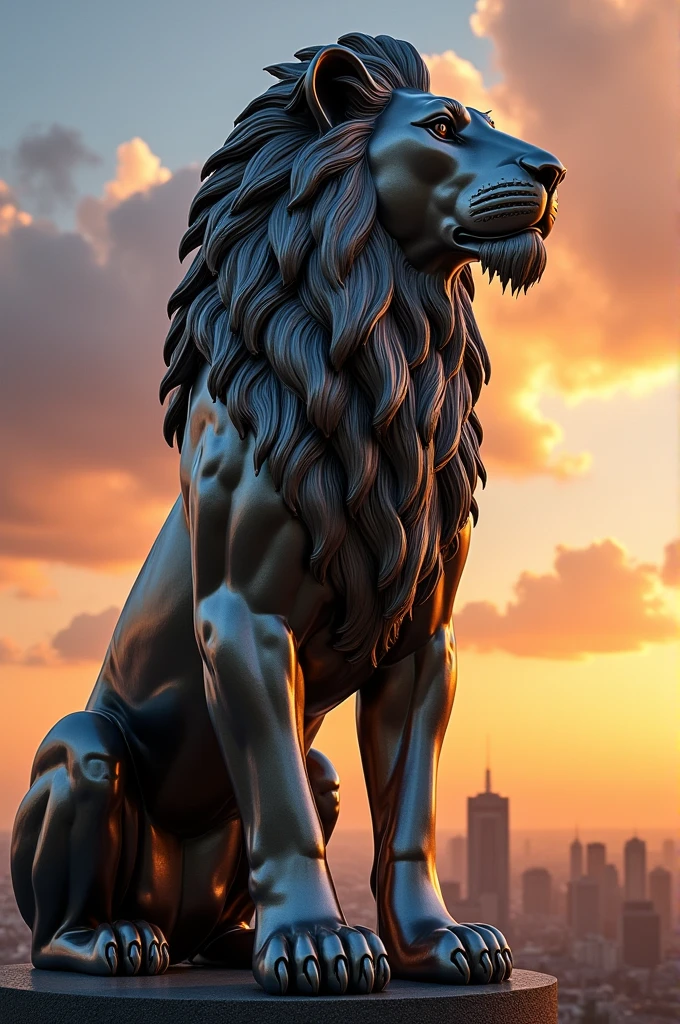 A lion of steel standing between sky and city in sunset