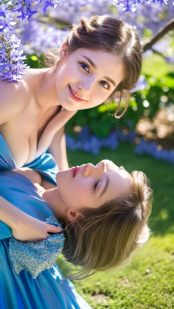 a beautiful young girl laydown in front of a blue jacaranda tree, detailed facial features, striking blue eyes, delicate pink lips, flowing golden hair, ethereal aura, serene expression, dappled sunlight filtering through the blue blossoms, lush green foliage, dreamy, whimsical, fantasy-like, digital art, highly detailed, cinematic lighting, vibrant colors, photorealistic, 8k, above knee length glitter pink dress, laydown, stylish poses, smile, (( "love" on dress))