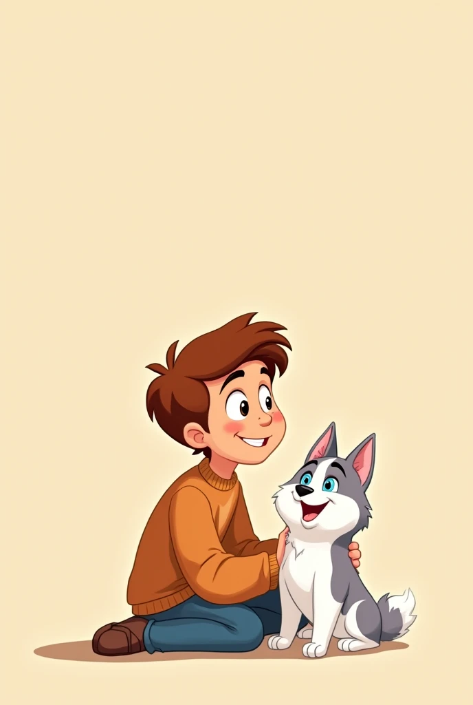 Create a Disney-style cartoon image of a young man (no child) Chestnut with a small all white husky with blue eyes with a beige background