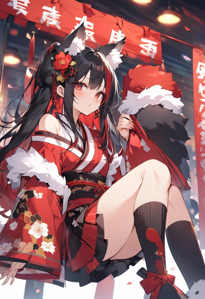 Wolf Ears、、long hair、Black Hair、Red hair、Red eyes、kimono、mini skirt、Knee-high socks、Off the shoulder、Fluffy tail、