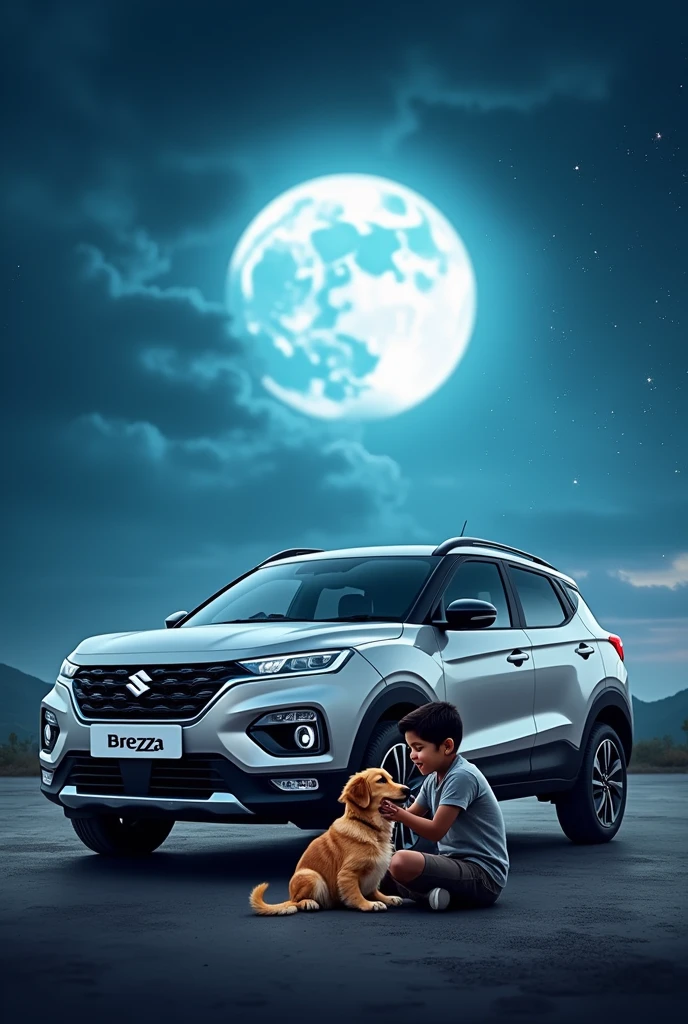 Maruti suzuki Brezza car photo in front of moon. Dog and boy sitting infront of it