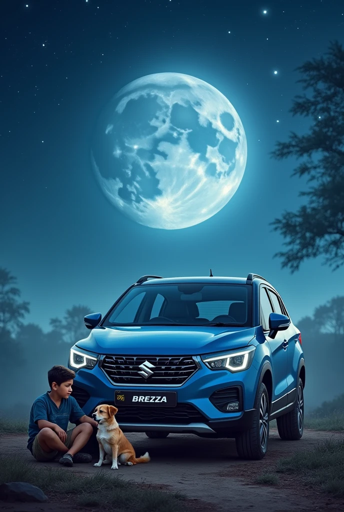 Maruti suzuki Brezza car photo in front of moon. Dog and boy sitting infront of it