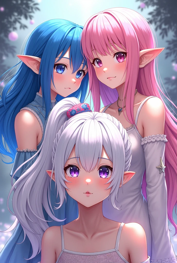 An elf with shoulder-length blue hair without bangs, a human with long pink wavy hair without bangs and a human with white hair tied in a ponytail with anime-style bangs