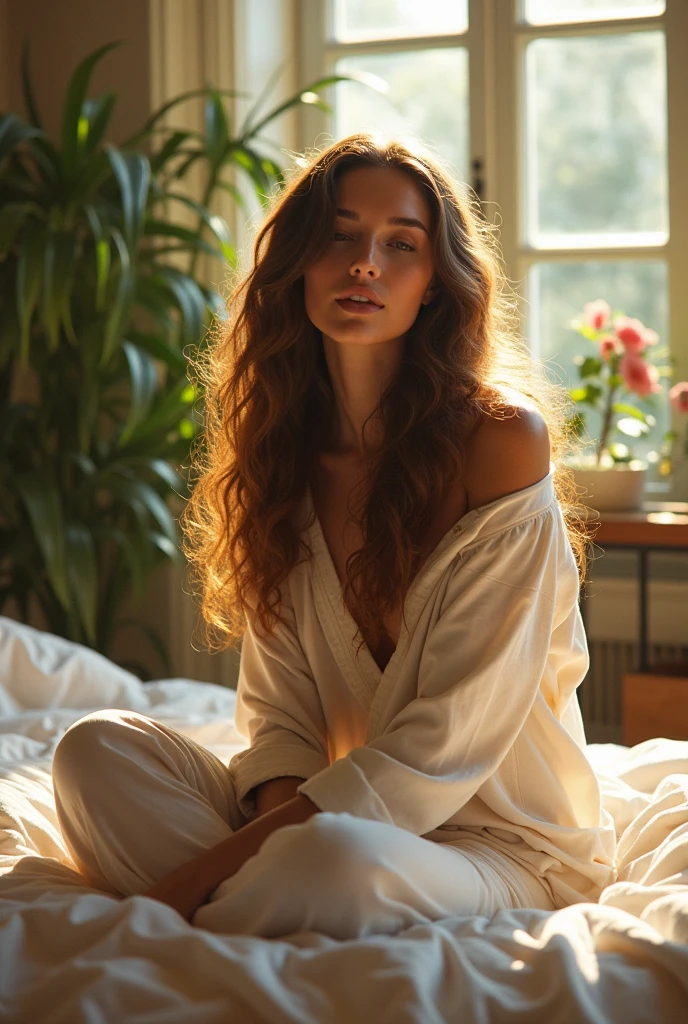 (photorealism:1.2), beautiful woman, sitting on bed, wearing loose off-shoulder top, pajama pants, long curly hair, indoors, soft lighting, plants in background, window with sunlight, cozy room, relaxed pose, realistic, intricate details, warm colors, by Greg Rutkowski, by Alphonse Mucha