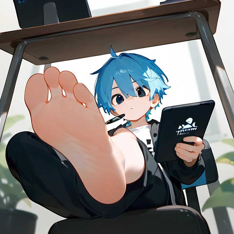 A cute boy sitting on a swivel chair，Alone，Low Angle，Hold the tablet，Holding a pen，black eyes，barefoot，Blue Hair，Blue unicorn，black eyes，White T-shirt，Black jacket，Black pants，Perfect feet，A big foot，Lift one foot，Stand on one foot，（youth），boy behind the table，Under table angle