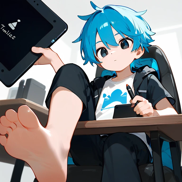 A cute boy sitting on a swivel chair，Alone，Low Angle，Hold the tablet，Holding a pen，black eyes，barefoot，Blue Hair，Blue unicorn，black eyes，White T-shirt，Black jacket，Black pants，Perfect feet，A big foot，Lift one foot，Stand on one foot，（youth），boy behind the table，Under table angle