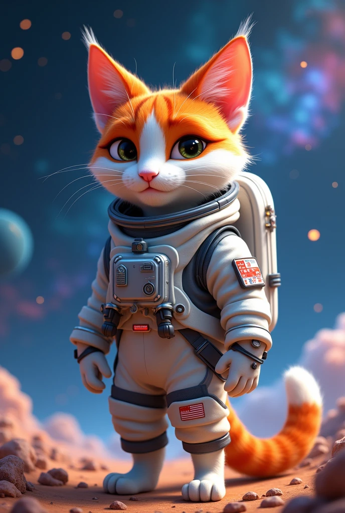 Create a Zootopia-style image of a white and orange cat dressed in an astronaut uniform 