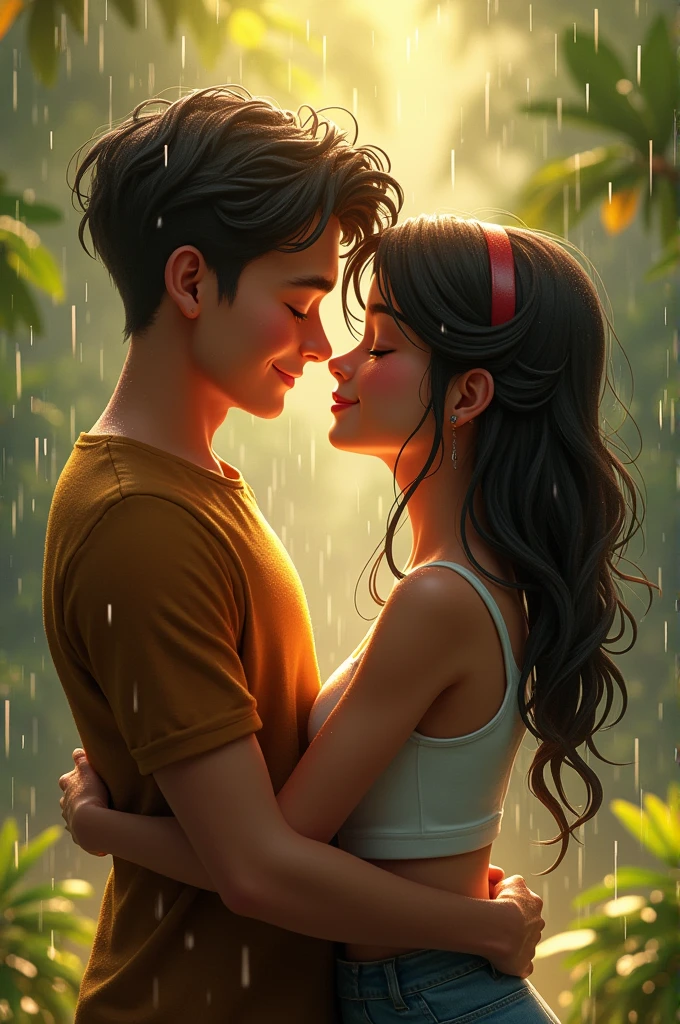 Make one and one playing in the rain looking at each other with loving eyes