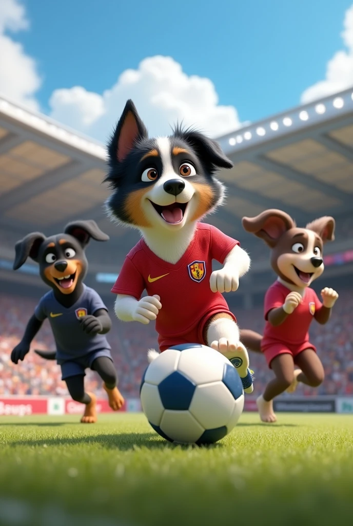 GENERATE THREE DOGS, ONE BLACK DOG WITH LIGHT BROWN CHIN AND THE SECOND DOG OF THE BREED Border Collie, BLACK WITH WHITE GRAY SPOTS WITH PINK NOSE AND THE THIRD DOG OF THE BREED Border Collie, ALL DARK BROWN AS IF HE WAS PLAYING FOOTBALL AS IT WAS IN THE 2024 PARIS OLYMPICS WITH PIXAR STYLE DESIGN