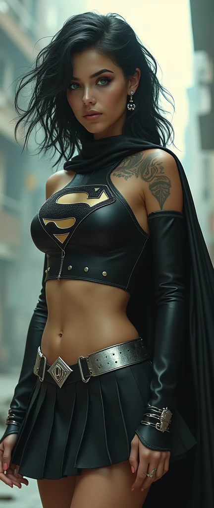 A FULL BODY VIEW OF A SEXY BUSTY FEMALE WITH DREAMY GREEN EYES AND MEDIUM MESSY BLACK HAIR WEARING A SLEEK BLACK SPANDEX LONG-SLEEVED SUPERGIRL CROP=TOP WITH A METALIC SILVER "S" EMBLEM ON THE CHEST, A SHORT BLACK PLEATED SKIRT WITH A SILVER LEATHER BELT, BLACK HIGH HEELED SUPERGIRL BOOTS, AND A LONG 2 TONE BLACK AND RED SUPERGIRL CAPE WITH SILVER TRIM. NOSE PIERCING, BELLY PIERCING, BLACK LIPSTICK, BLACK FINGERNAILS, INCREDIBLY DETAILED PALE WHITE SKIN, INCREDIBLEY DETAILED FACE, INCREDIDBLEY DETAILED CLOTHING, TEXTURED SKIN PORES, TEXTURED HAIR, 8K ABSURD RESOLUTION, MASTERPIECE. PHOTO REALSITIC, HYPER REALISTIC. CHAOTIC BACKGROUND. 16K RESOLUTION. PREFESSIONAL GRADE IMAGE.