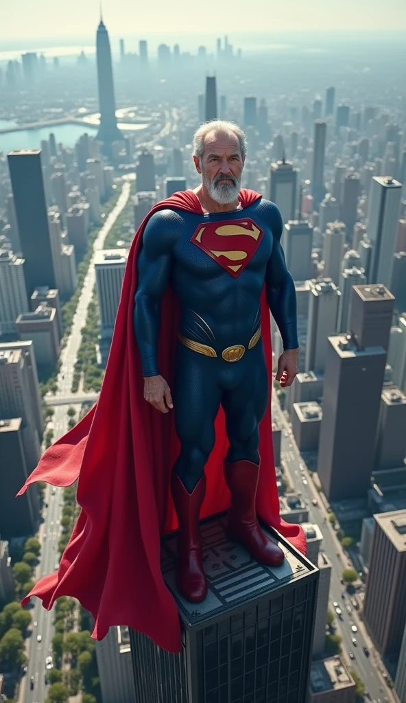 **The 60-year-old man, now Superman, stands confidently on top of a tall building. He surveys the cityscape below, with the wind blowing through his cape and the vast urban landscape stretching out beneath him.**