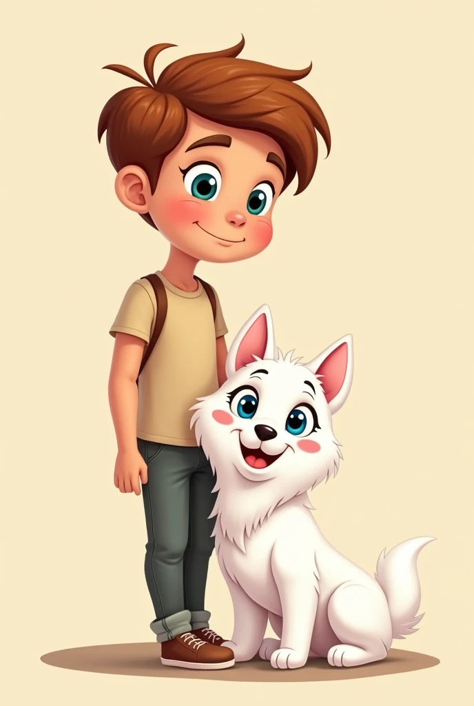 Create a Disney-style cartoon image of a young man (no ) Chestnut with a small all white husky with blue eyes with a beige background