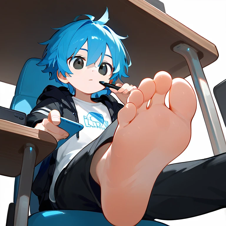 A cute boy sitting on a swivel chair，Alone，Low Angle，Hold the tablet，Holding a pen，black eyes，barefoot，Blue Hair，Blue unicorn，black eyes，White T-shirt，Black jacket，Black pants，Perfect feet，A big foot，Soles，Soles出汗，Lift one foot，Stand on one foot，（youth），boy behind the table，Under table angle