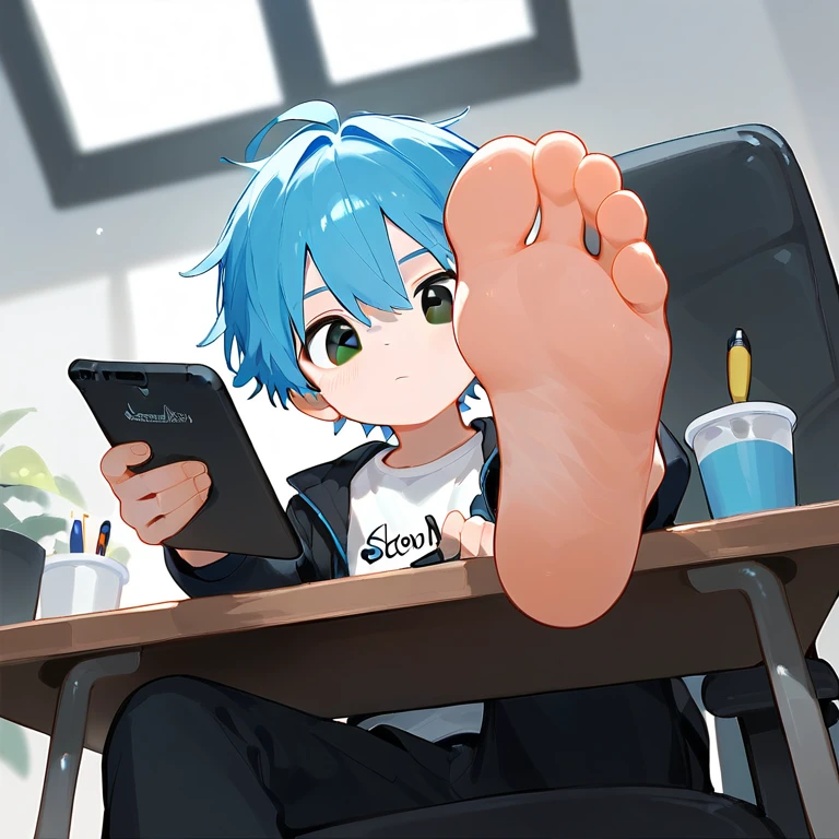 A cute boy sitting on a swivel chair，Alone，Low Angle，Hold the tablet，Holding a pen，black eyes，barefoot，Blue Hair，Blue unicorn，black eyes，White T-shirt，Black jacket，Black pants，Perfect feet，A big foot，Soles，Soles出汗，Lift one foot，Stand on one foot，（youth），boy behind the table，Under table angle