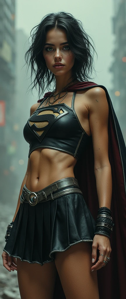 A FULL BODY VIEW OF A SEXY BUSTY TEEN FEMALE WITH DREAMY GREEN EYES AND MEDIUM MESSY BLACK HAIR WEARING A SLEEK BLACK SPANDEX LONG-SLEEVED SUPERGIRL CROP=TOP WITH A METALIC SILVER "S" EMBLEM ON THE CHEST, A SHORT BLACK PLEATED SKIRT WITH A SILVER LEATHER BELT, BLACK HIGH HEELED SUPERGIRL BOOTS, AND A LONG 2 TONE BLACK AND RED SUPERGIRL CAPE WITH SILVER TRIM. NOSE PIERCING, BELLY PIERCING, BLACK LIPSTICK, BLACK FINGERNAILS, INCREDIBLY DETAILED PALE WHITE SKIN, INCREDIBLEY DETAILED FACE, INCREDIDBLEY DETAILED CLOTHING, TEXTURED SKIN PORES, TEXTURED HAIR, 8K ABSURD RESOLUTION, MASTERPIECE. PHOTO REALSITIC, HYPER REALISTIC. CHAOTIC BACKGROUND. 16K RESOLUTION. PREFESSIONAL GRADE IMAGE.