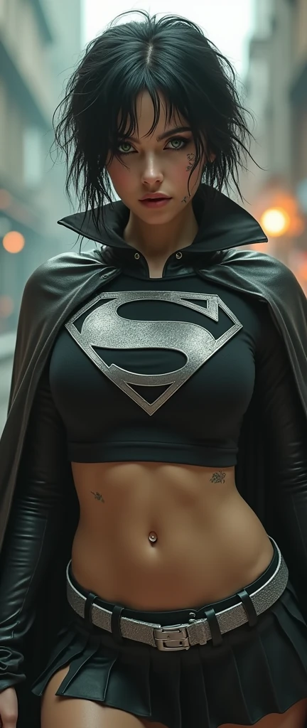 A FULL BODY VIEW OF A SEXY BUSTY TEEN FEMALE WITH DREAMY GREEN EYES AND MEDIUM MESSY BLACK HAIR WEARING A SLEEK BLACK SPANDEX LONG-SLEEVED SUPERGIRL CROP=TOP WITH A METALIC SILVER "S" EMBLEM ON THE CHEST, A SHORT BLACK PLEATED SKIRT WITH A SILVER LEATHER BELT, BLACK HIGH HEELED SUPERGIRL BOOTS, AND A LONG 2 TONE BLACK AND RED SUPERGIRL CAPE WITH SILVER TRIM. NOSE PIERCING, BELLY PIERCING, BLACK LIPSTICK, BLACK FINGERNAILS, INCREDIBLY DETAILED PALE WHITE SKIN, INCREDIBLEY DETAILED FACE, INCREDIDBLEY DETAILED CLOTHING, TEXTURED SKIN PORES, TEXTURED HAIR, 8K ABSURD RESOLUTION, MASTERPIECE. PHOTO REALSITIC, HYPER REALISTIC. CHAOTIC BACKGROUND. 16K RESOLUTION. PREFESSIONAL GRADE IMAGE.