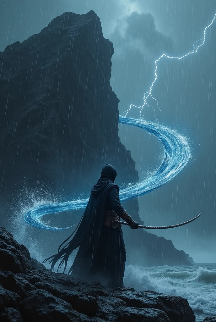 water symbol included zorro type whip on  black rock with heavy rain and thunder weather condition