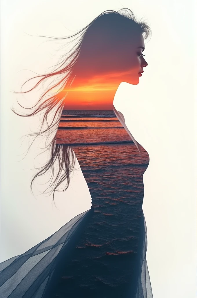 high quality, 8K Ultra HD, A beautiful double exposure that combines an goddess silhouette with sunset coast, sunset coast should serve as the underlying backdrop, with its details incorporated into the goddess , crisp lines, The background is monochrome, sharp focus, double exposure, by yukisakura, awesome full color,