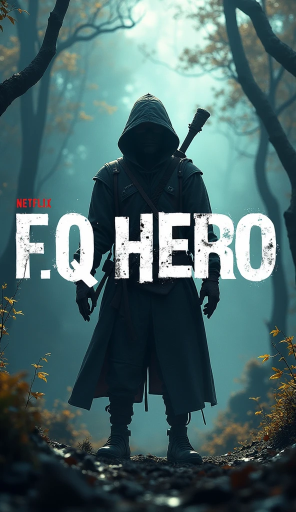 There is word title "F.Q HERO". Title word with beautiful and stylish wallpaper. ultra HD, aesthetic, realistic, natural, gaming, action. There is an adventurer with covered face in the background.