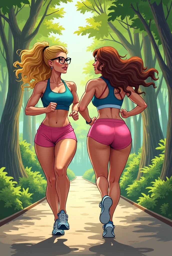 A blonde woman with curly hair tied back and glasses, culona, big boobs, blue tank top, Pink tight sports mini shorts running in a park with her brown haired friend in blue sportswear with big butt and toned abdomen and mega busty E cup breasts in drawing format